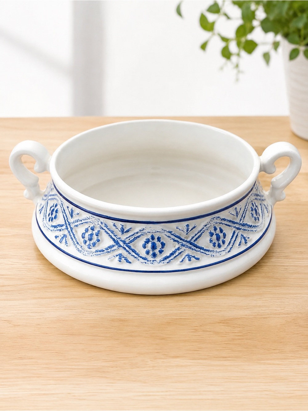 White Ceramic Serving Bowl with Blue Patterned Band and Handles